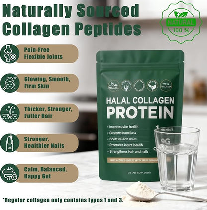 Halal Collagen Protein Powder - Pure Halal Collagen Peptides Grass Fed Organic Hydrolyzed Powder, Skin Glows | Joints Support | Gut Support, Non GMO, Sugar Free, Unflavoured, 30 Servings