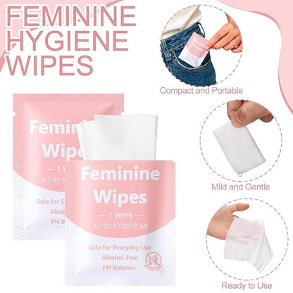 300 Pieces Feminine Wipes Individually Wrapped Women Travel Size Bulk Unscented Intimate Wipes Mild Private Parts Ph Balanced for Travel Bathroom Toilet Daily(Pink)