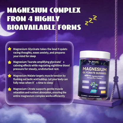 Magnesium Glycinate Gummies 400mg - Magnesium Complex Gummy with Malate, Taurate & Citrate - Supports Sleep, Relaxation, Brain & Muscle - 60 Count Blueberry Flavor (Sugar Free & Vegan)