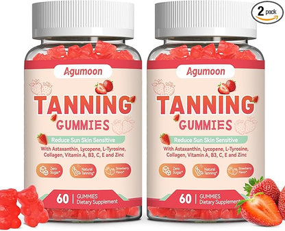 Tanning Gummies for Women and Men, Self Tan Supplement with Beta Carotene, Lycopene, Astaxanthin, Collagen & Vitamins, for Skin Health & Pigmentation, Vegan - 120 Gummies