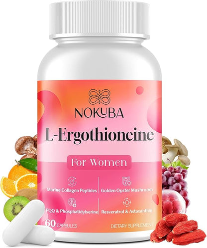 L-Ergothioneine with Collagen Peptides, Hyaluronic Acid | 2X Antioxidant of Glutathione | 11-in-1 Collagen Supplement for Women | Skin, Brain, Immune, Cognitive Support | 60 Capsules