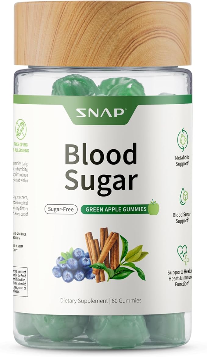 Snap Supplements Blood Sugar Gummies, Support Already Healthy Blood Sugar Levels, Cinnamon Bark and Blueberry Fruit Extract, Green Apple Flavor, 60 Gummies