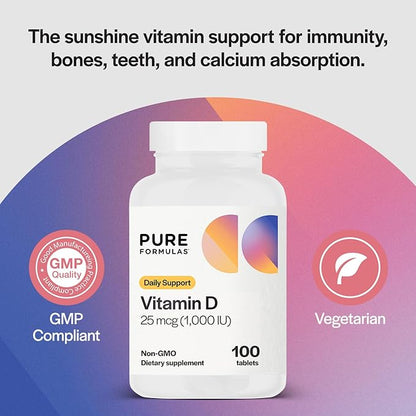 PureFormulas Vitamin D3 1,000 IU 25 mcg - Premium Vitamin D Supplement for Healthy Bone Formation, Teeth, Cardiovascular Health, and Immune Support Non-GMO - 100 Count Tablets