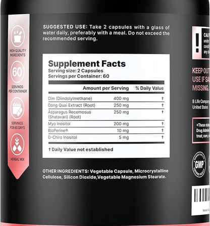 DIM Supplement 400 mg with Myo & D-Chiro Inositol, Dong Quai – Hormone Balance for Women – Fertility Supplements – Inositol Supplement - 120 Caps