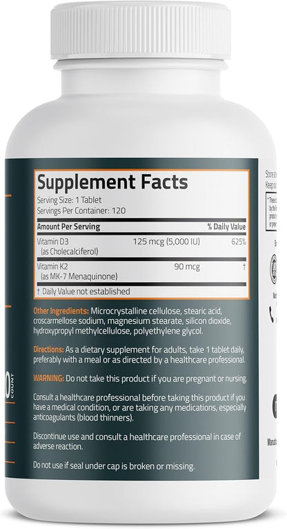 Bronson Vitamin K2 D3 (MK7) Supplement Non-GMO Formula Vitamin D3 5000IU (125 mcg) & 90 mcg K2 MK-7, Easy to Swallow D & K Complex, 120 Tablets