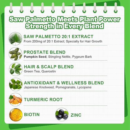 Saw Palmetto for Men Gummies, Extra Strength DHT Blocker for Men, with Pumpkin Seed Oil & Biotin, Support Prostate, Urinary Health & Hair Growth, Hormone Balance, Sugar Free, Vegan, Orange Flav, 60ct