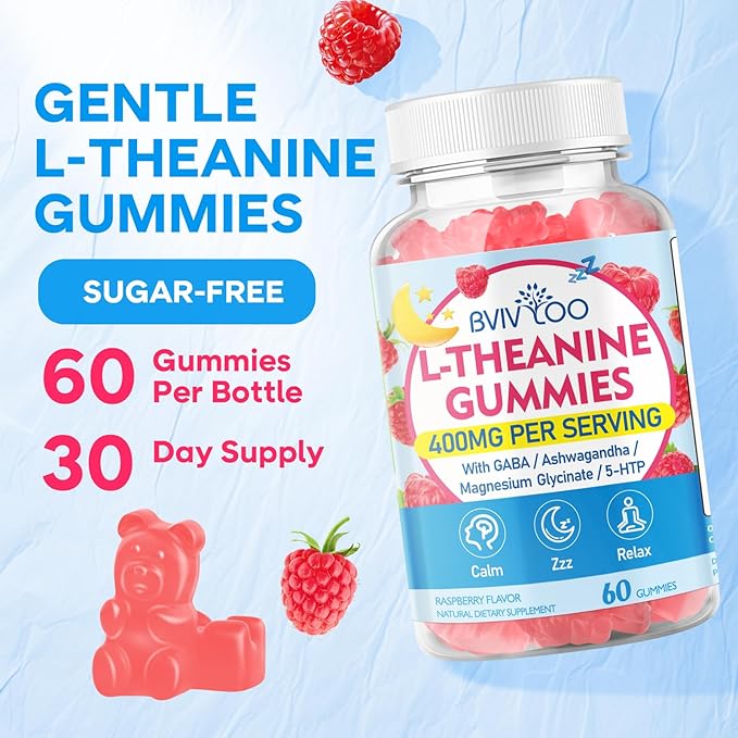 L-Theanine Gummies with L-Theanine 400 mg, Ashwagandha, GABA, 5-HTP, Magnesium Glycinate for Calm, ZZZ & Relaxation Support - Vegan, Raspberry Flavor, 120 Count