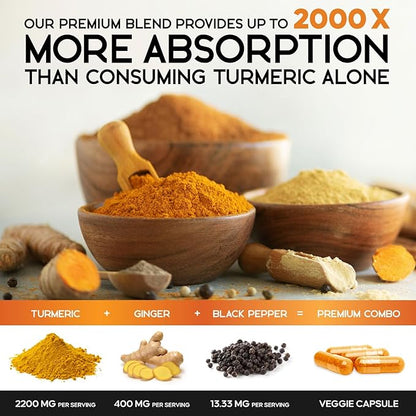 Turmeric Curcumin Supplement - 2200mg Curcumin Complex & 400mg Organic Ginger per Serving - 95% Curcuminoids & BioPerine Black Pepper for Best Absorption & Joint Support, Bottled in USA - 180 Capsules