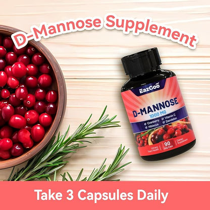 D-Mannose Supplement – 1000mg Capsules with Cranberry, Vitamin C, Hibiscus & Dandelion Extract, Support Urinary Health, D Mannose & Cranberry Capsules, 90 Count
