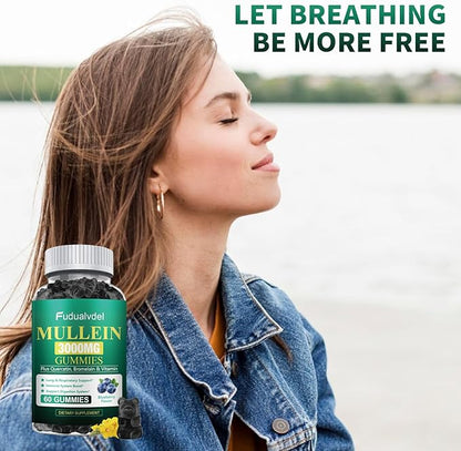 1 Pack 3000MG Organic Mullein Gummies for Lung, Mullein Leaf Extract for Lungs - Quercetin, Bromelain for Respiration，Immune and Digestive Support, 60 Count Blueberry Gummys