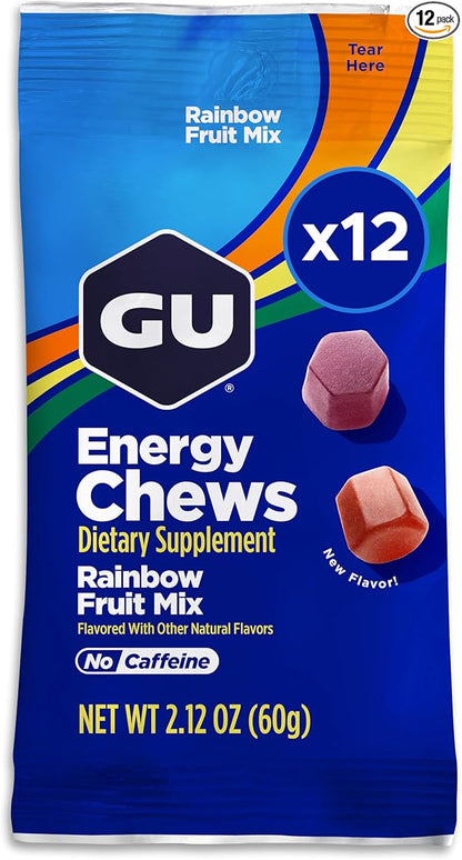 GU Energy Chews, Rainbow Mix Energy Gummies with Electrolytes, Dairy-Free, On-The-Go Energy for Any Workout, 12 Bags (24 Servings Total)