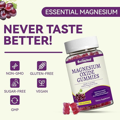 2 Pack Magnesium Oxide Gummies 400mg, Chewable Magnesium Oxide Supplement for Adults, Nerve & Muscle Support - Sugar-Free, Vegan,120 Count