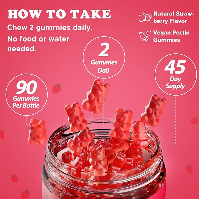 Magnesium Glycinate Gummies 1000mg with Calcium, Vitamin D3, B6 & CoQ10 - Strawberry, 90 Count - Calm Supplement for Sleep, Muscle Cramps & Stress Relief | Ashwagandha | Sugar-Free & Vegan