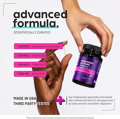Magnesium Glycinate 1160mg + Aloe Vera, D3 & K2 Complex 90 Capsules - High Absorption, Non-Laxative - Supports, Muscle Function & Healthy Metabolism Chelated Formula