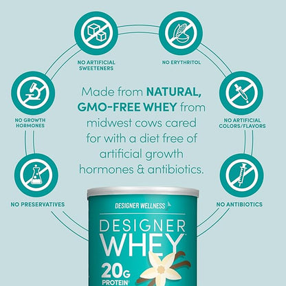 Designer Wellness, Designer Whey, Natural Whey Protein Powder with Probiotics, Fiber, and Key B-Vitamins for Energy, Gluten-Free, French Vanilla, 12oz