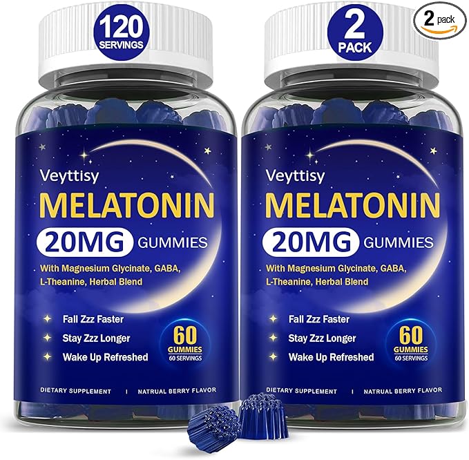 Melatonin 20mg Gummies for Adults - Max Strength Melatonin Gummy Supplement with Magnesium Glycinate, B6, B12, L-Theanine, GABA, & Herbs - Non-Habit Forming, Vegan, Natural Mixed Berry Flavor