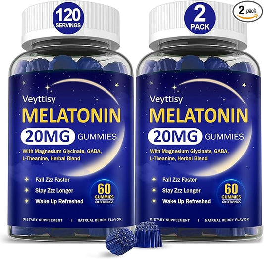 Melatonin 20mg Gummies for Adults - Max Strength Melatonin Gummy Supplement with Magnesium Glycinate, B6, B12, L-Theanine, GABA, & Herbs - Non-Habit Forming, Vegan, Natural Mixed Berry Flavor