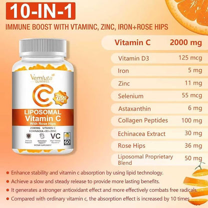 2 Pack Liposomal Vitamin C 2000mg Gummies Complex Rose Hips with D3 5000IU,Elderberry Echinacea,Iron & Zinc for Adults Kids Immune,Antioxidant & Collagen Support,Orange Flavor, 120Count