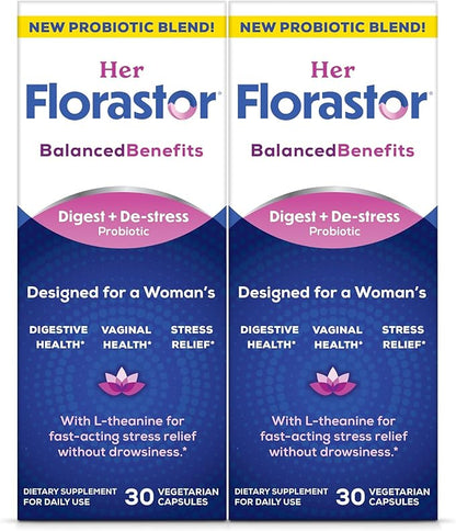 Florastor Probiotics for Women, Digest and De-Stress, Probiotics for Digestive Health, Vaginal Probiotic, and L-Theanine for Mind and Body Wellness, 60 Capsules