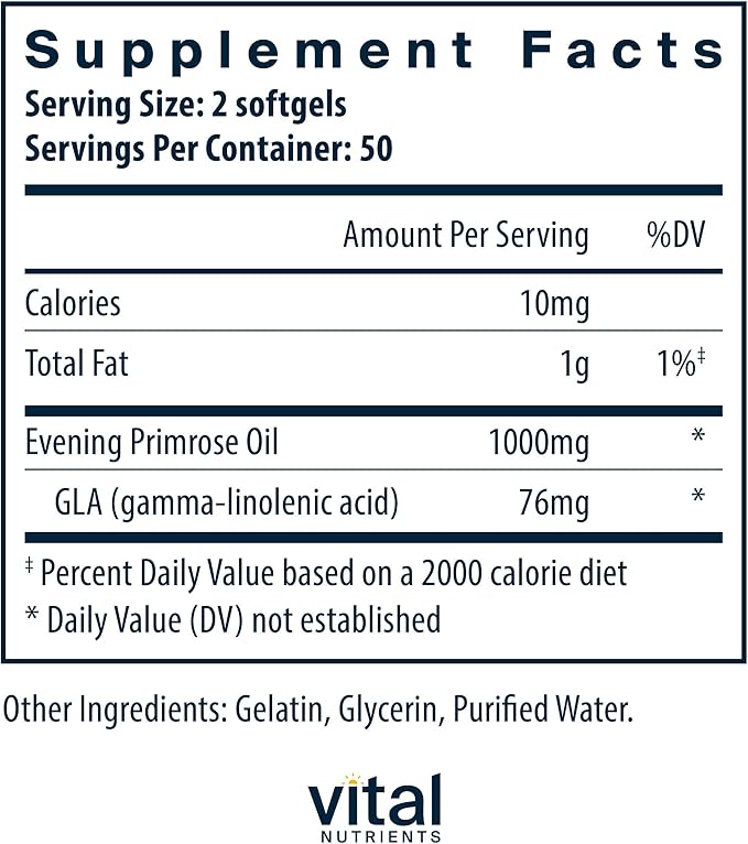 Vital Nutrients Evening Primrose Oil 1000mg - Primrose Supplement for Women - GLA Omega-6 Fatty Acid for Skin and PMS Support* - Gluten, Dairy, Soy Free - Non-GMO - 100 Softgels