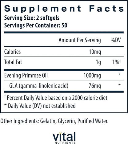 Vital Nutrients Evening Primrose Oil 1000mg - Primrose Supplement for Women - GLA Omega-6 Fatty Acid for Skin and PMS Support* - Gluten, Dairy, Soy Free - Non-GMO - 100 Softgels