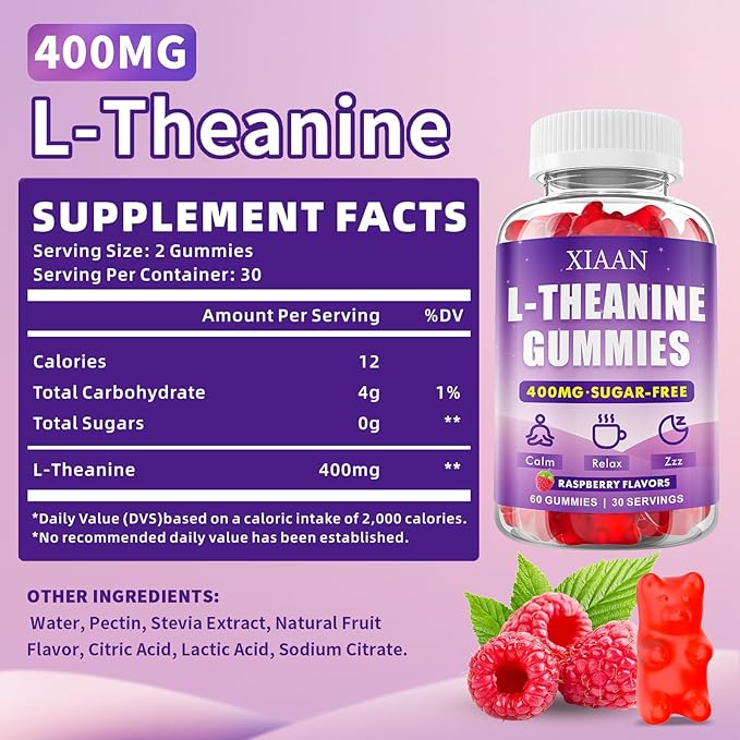 L-Theanine Gummies for Kids & Adults, L'Theanine 400mg Chewable L Theanine Supplement for Calm, Zzz & Relaxation Support, Vegan, Organic, Raspberry Flavor, 60 Counts