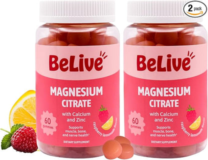 BeLive Magnesium Citrate Gummies with Calcium and Zinc for Adults and Kids - High Absorption Magnesium Supplement for Cognitive, Bone, Muscle and Nerve Health - Raspberry Lemonade - 120 Count