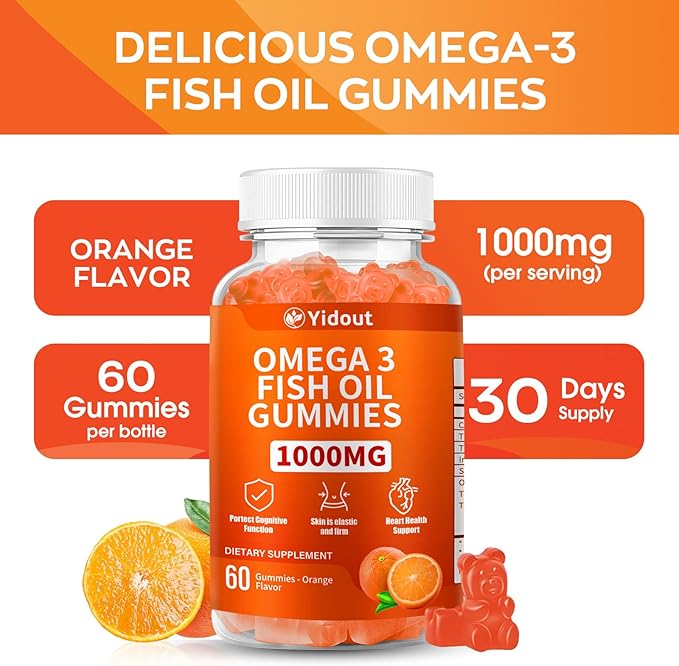 Omega 3 Fish Oil Gummies, Delicious Orange Flavor Fish Oil Gummy Supplements for Joint, Heart Health, & Brain Support (60 Count（Pack of 2）)