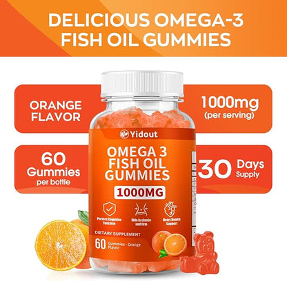 Omega 3 Fish Oil Gummies, Delicious Orange Flavor Fish Oil Gummy Supplements for Joint, Heart Health, & Brain Support (60 Count（Pack of 2）)