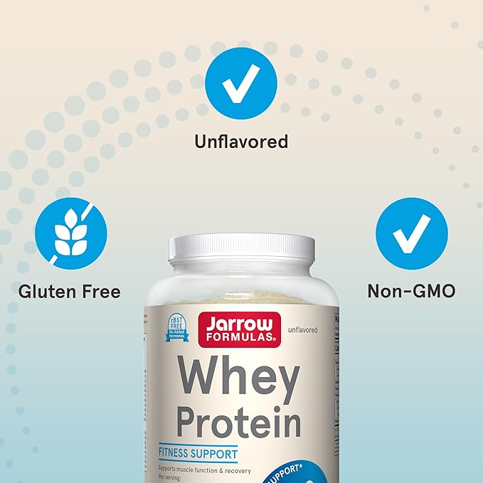 Jarrow Formulas Whey Protein with 18 g of Protein, 3.8 g of BCAAs, and Glutamine, Dietary Supplement for Muscle Function and Recovery Support, 32 oz Unflavored Powder, Approximately 38 Day Supply