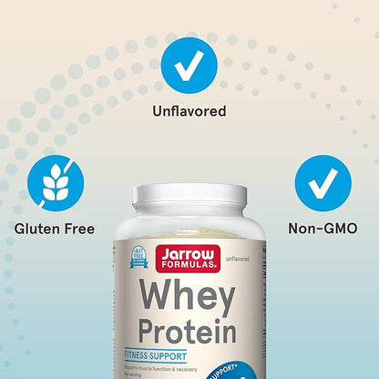 Jarrow Formulas Whey Protein with 18 g of Protein, 3.8 g of BCAAs, and Glutamine, Dietary Supplement for Muscle Function and Recovery Support, 32 oz Unflavored Powder, Approximately 38 Day Supply