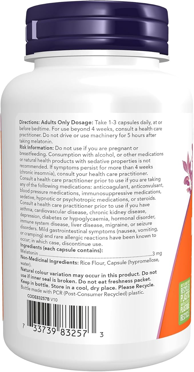 NOW Foods Supplements, Melatonin 3 mg, Free Radical Scavenger*, Healthy Sleep Cycle*, 180 Veg Capsules