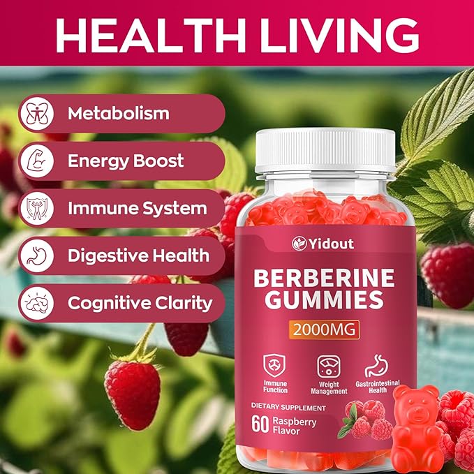 Berberine Gummies 2000mg-Natural High Potency Berberine HCL Supplement - Immune System & Metabolism Support - Vegan, Non-GMO - Delicious Raspberry Flavor (60 Count（Pack of 1）)