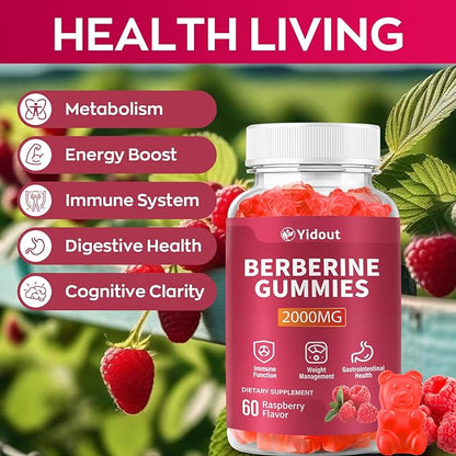 Berberine Gummies 2000mg-Natural High Potency Berberine HCL Supplement - Immune System & Metabolism Support - Vegan, Non-GMO - Delicious Raspberry Flavor (60 Count（Pack of 1）)