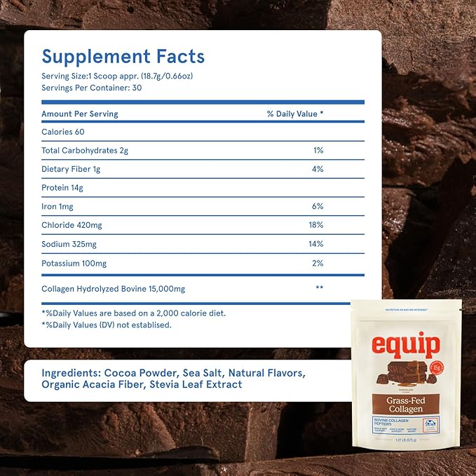 Equip Foods Grass Fed Collagen Powder | Hydrolyzed Bovine Collagen Peptides with Amino Acids | Prime Beef Collagen for Healthy Joints, Skin & Nails | Non-GMO, Paleo Friendly | 30 Servings, Chocolate