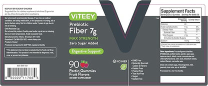 VITEEY Prebiotic Fiber Gummies for Adults, 7g - Gut Health & Digestive Soluble Fiber Supplement Gummies - Zero Sugar Added, Vegan, Gluten-Free - 180 Count