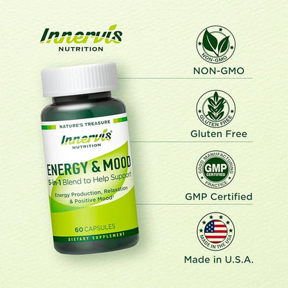 Caffeine Free Natural Energy Boost with Ashwagandha, Maca & Magnesium - Support Stress Relief, Focus & Mood - 60 Capsules by Innervis Nutrition