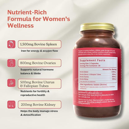 MK Supplements Female Vitality | Grass-Fed Beef Organs for Women | Spleen, Uterus, Ovaries, Fallopian Tubes & Kidney | No Phytoestrogens | 150 Capsules