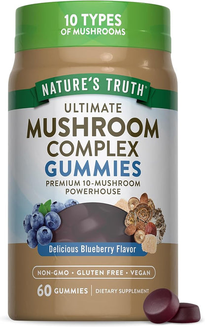 Nature's Truth Mushroom Complex Gummies for Adults | Complex of 10 Mushrooms | with Lion's Mane, Shiitake, & Chaga | Blueberry Flavor | 60 Count | Vegan, Non-GMO & Gluten Free Supplement