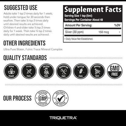 Bioactive Colloidal Silver - 8 oz, Glass Bottle, Vegan, Safe Doses with Highest Effectiveness - Nano Ions, 30 PPM - Immune Support (48 Servings)