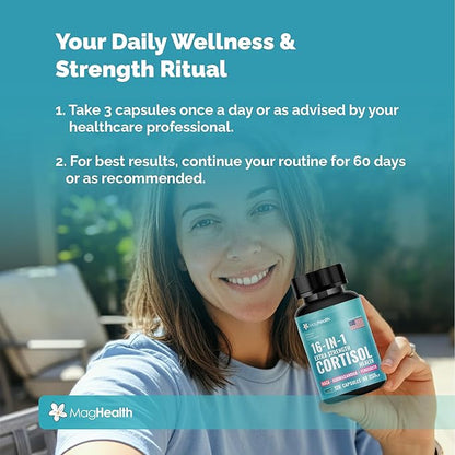 Cortisol Complex 16-in-1 Supplement for Women & Men | Stress Support Manager with Organic Ashwagandha, Maca Root, Rhodiola Rosea & Shilajit | Adaptogen Blend for Balance & Energy | 120 Capsules