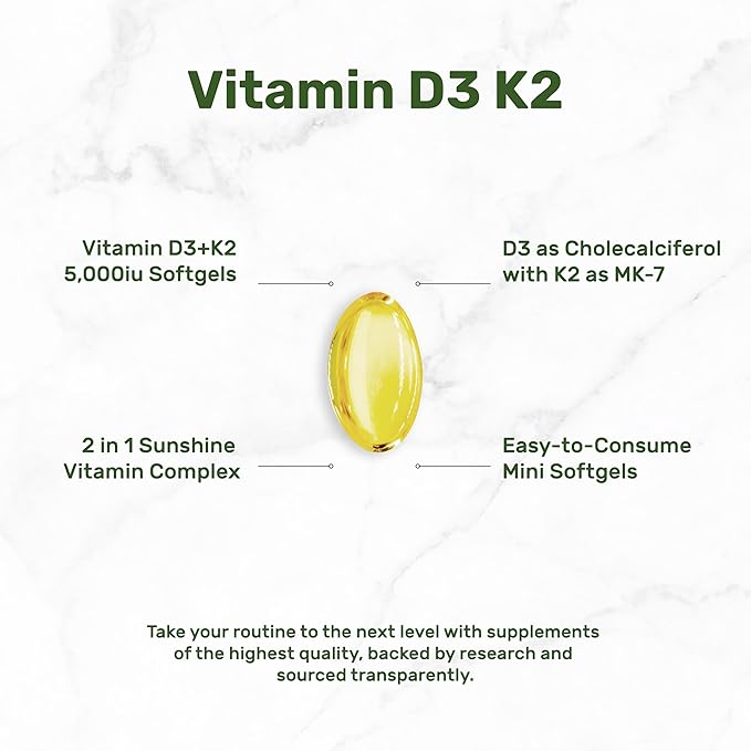 DEAL SUPPLEMENT Vitamin D3 5,000 IU + K2 MK7 Softgels, 250 Count | 2-in-1 Complex | Easy to Swallow