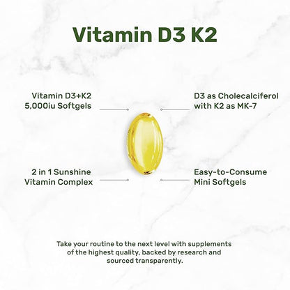 DEAL SUPPLEMENT Vitamin D3 5,000 IU + K2 MK7 Softgels, 250 Count | 2-in-1 Complex | Easy to Swallow