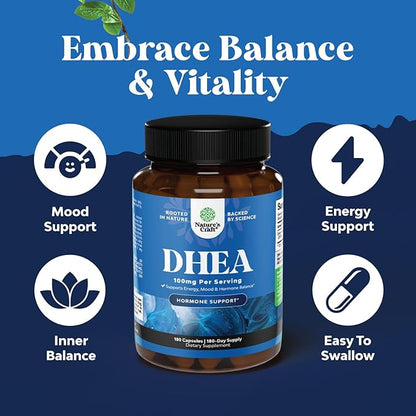DHEA Supplement for Women & Men - DHEA 100mg per Serving Capsules for Hormone Balance - Promotes Mood Stability Healthy Brain Function & Energy - Dehydroepiandrosterone Capsules - 180 Count
