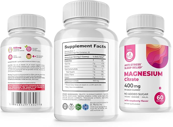 DR. MORITZ Magnesium Citrate Gummies Sugar-Free - Calm Magnesium Gummies Supplement for Children, Sugar -Supports Cardiovascular Health -Free Chews for Kids & Adults (60 Count)