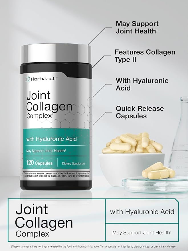 Horbäach Joint Support Supplement | 120 Capsules | with Collagen and Hyaluronic Acid | Joint Health Complex | for Men & Women | Non-GMO, Gluten Free