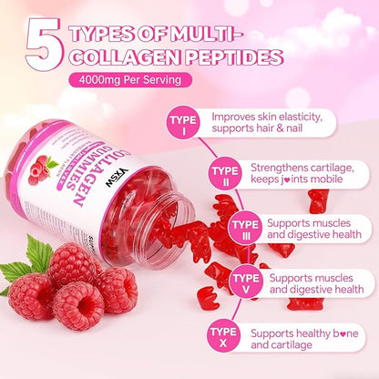 Collagen Gummies for Women Men, Hydrolyzed Collagen Protein Type I II III V X with Biotin Vitamin C A B D E Hyaluronic Acid for Hair, Skin, Nails, Joint, Immune Support, Raspberry Flavor, 120 Count