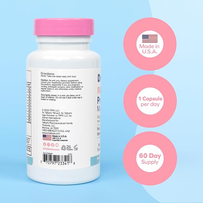 Dr. Talbot's Mom Prenatal Multi-Vitamin Daily Supplement - Folic Acid, Iron, Vitamins, and More - 60 Tablets