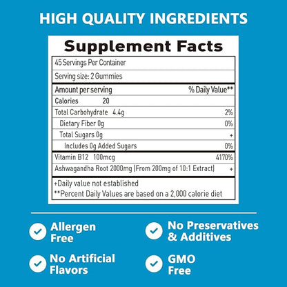 Suiyilary Ashwagandha Gummies 2000mg, Ashwagandha High Strength Root Extract Supplement with Vitamin B12 for Men Women, Strawberry Flavour 45 Days Supply 90 Gummies
