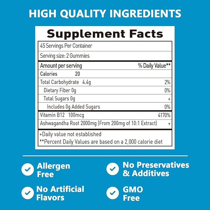 Suiyilary Ashwagandha Gummies 2000mg, Ashwagandha High Strength Root Extract Supplement with Vitamin B12 for Men Women, Strawberry Flavour 90 Days Supply 90 Gummies 2pack